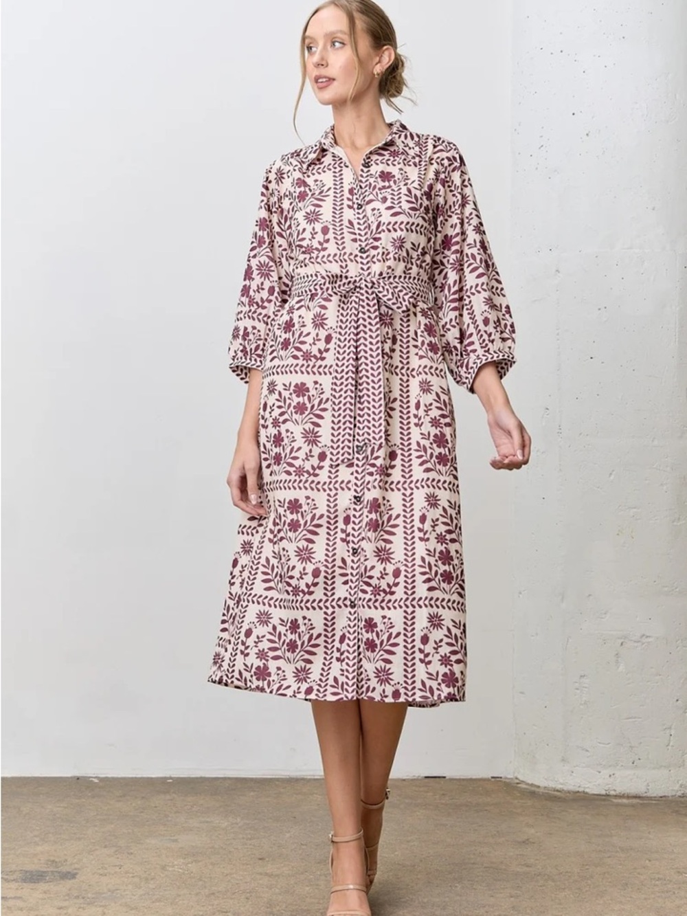 Polagram Rose-Print Tie-Waist Midi Dress